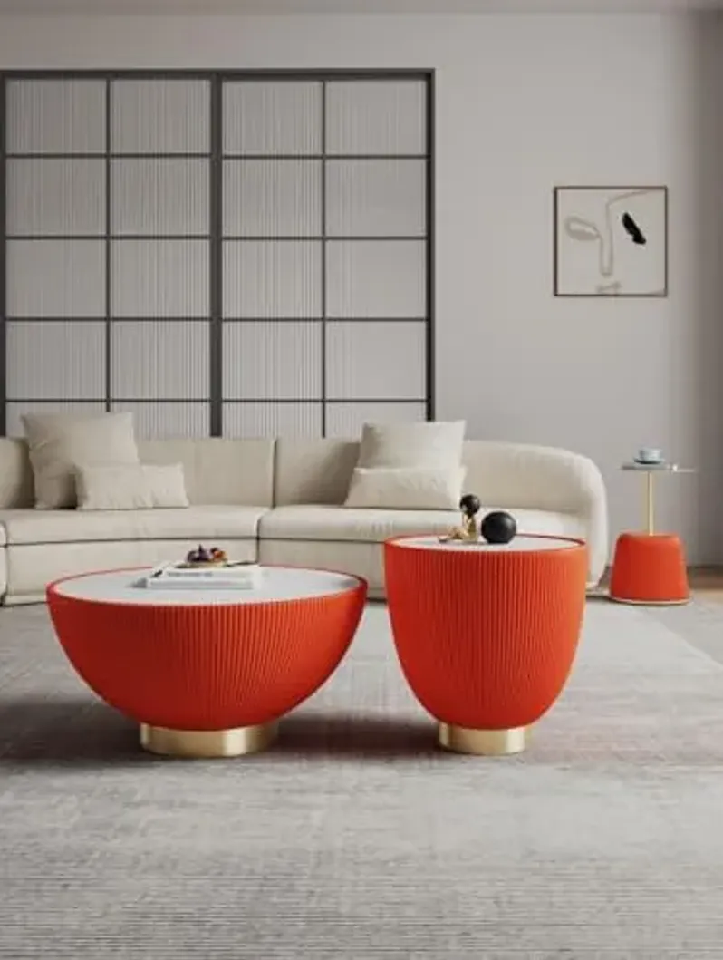 Manhattan Comfort Modern Anderson Coffee Table, 1.0 & 2.0 End Table, Upholstered in Orange Leatherette with Ceramic Faux Tabletop and Gold Metal Tabletop- Set of 3