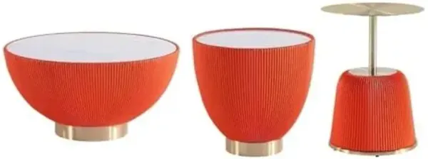 Manhattan Comfort Modern Anderson Coffee Table, 1.0 & 2.0 End Table, Upholstered in Orange Leatherette with Ceramic Faux Tabletop and Gold Metal Tabletop- Set of 3