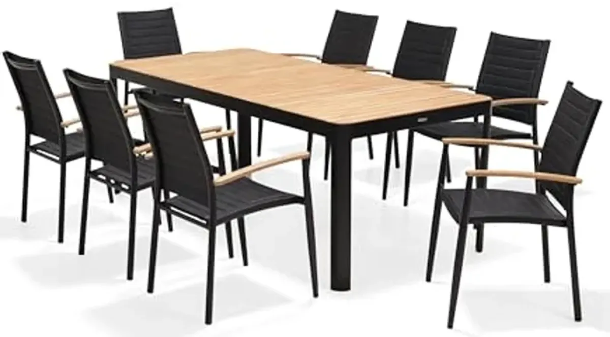 Amazonia Patio Whitehaven 9-Piece Rectangular Patio Dining Set|Teak Wood 100% Certified and Aluminum | Ideal for Outdoors, Black