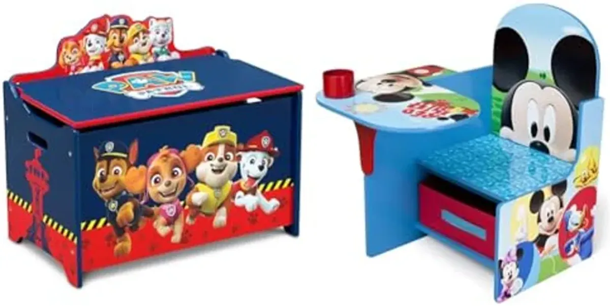 Delta Children Deluxe Toy Box, PAW Patrol & Chair Desk With Storage Bin, Disney Mickey Mouse