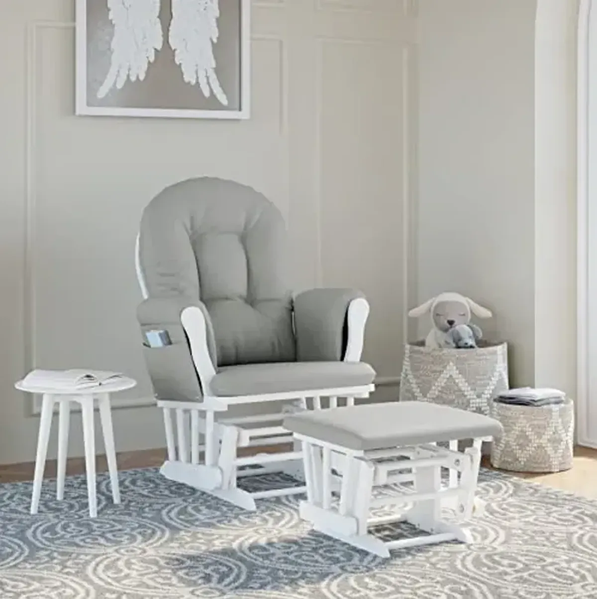 STORKCRAFT Kenton 6 Drawer Double Dresser (White) for Kids Bedroom, Nursery Dresser Organizer & Hoop Glider and Ottoman Cushions, White with Light Gray