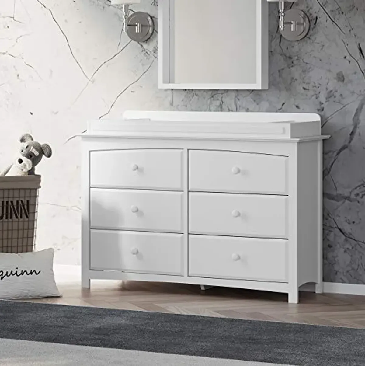 STORKCRAFT Kenton 6 Drawer Double Dresser (White) for Kids Bedroom, Nursery Dresser Organizer & Hoop Glider and Ottoman Cushions, White with Light Gray