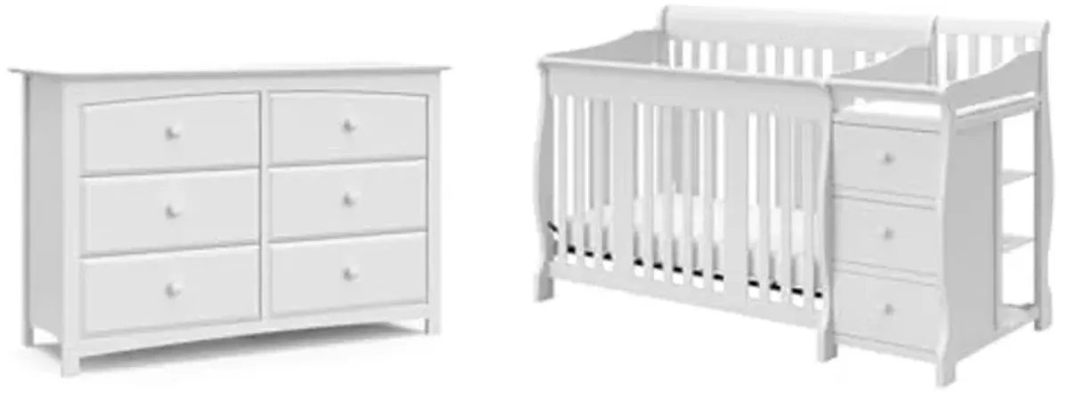 STORKCRAFT Kenton 6 Drawer Double Dresser (White) for Kids Bedroom, Nursery Dresser Organizer & Portofino 5-in-1 Convertible Crib and Changer (White) – Changing-Table Combo with Drawer