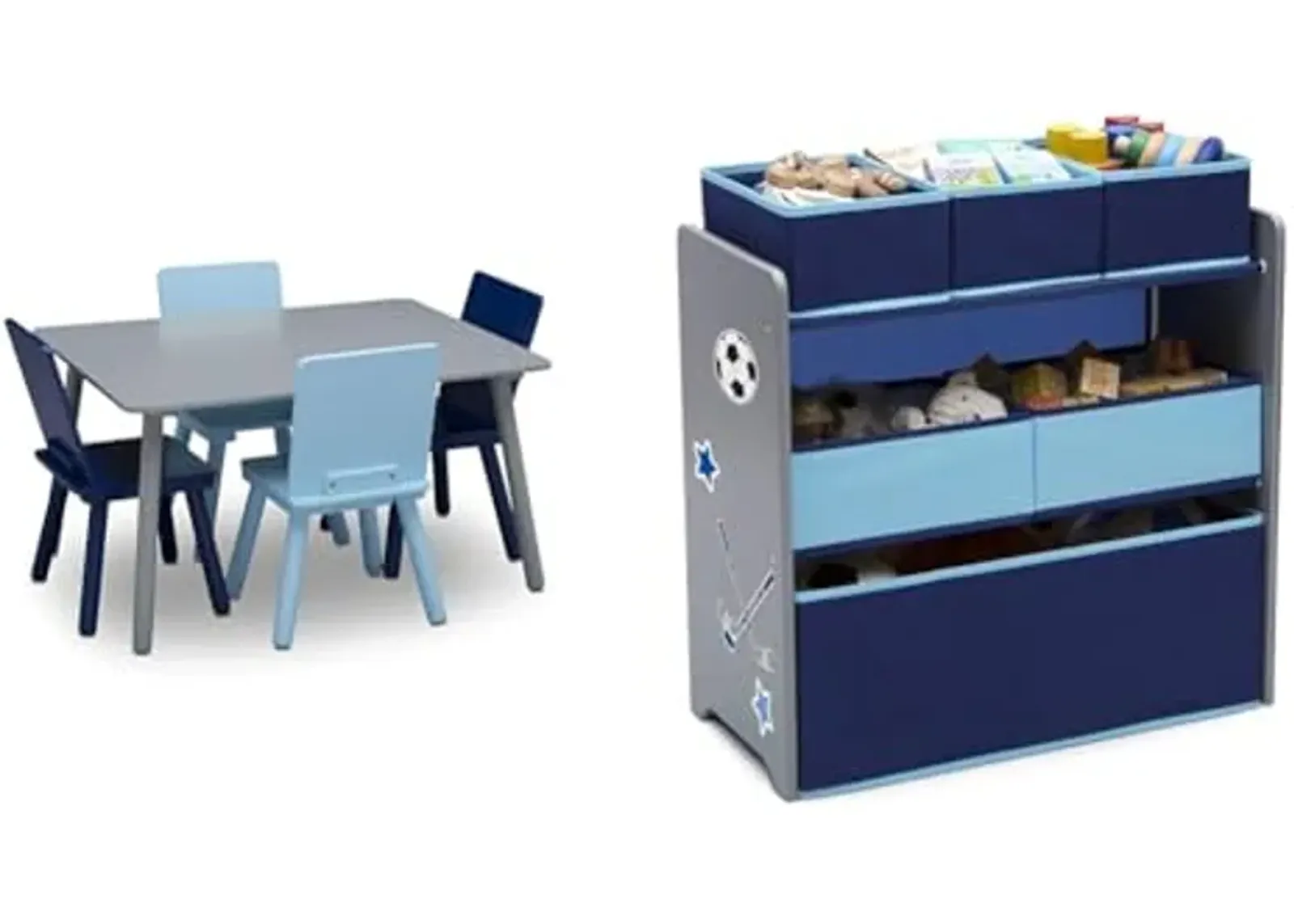 Delta Children Kids Table and Chair Set (4 Chairs Included), Grey/Blue & Design and Store 6 Bin Toy Organizer, Grey/Blue