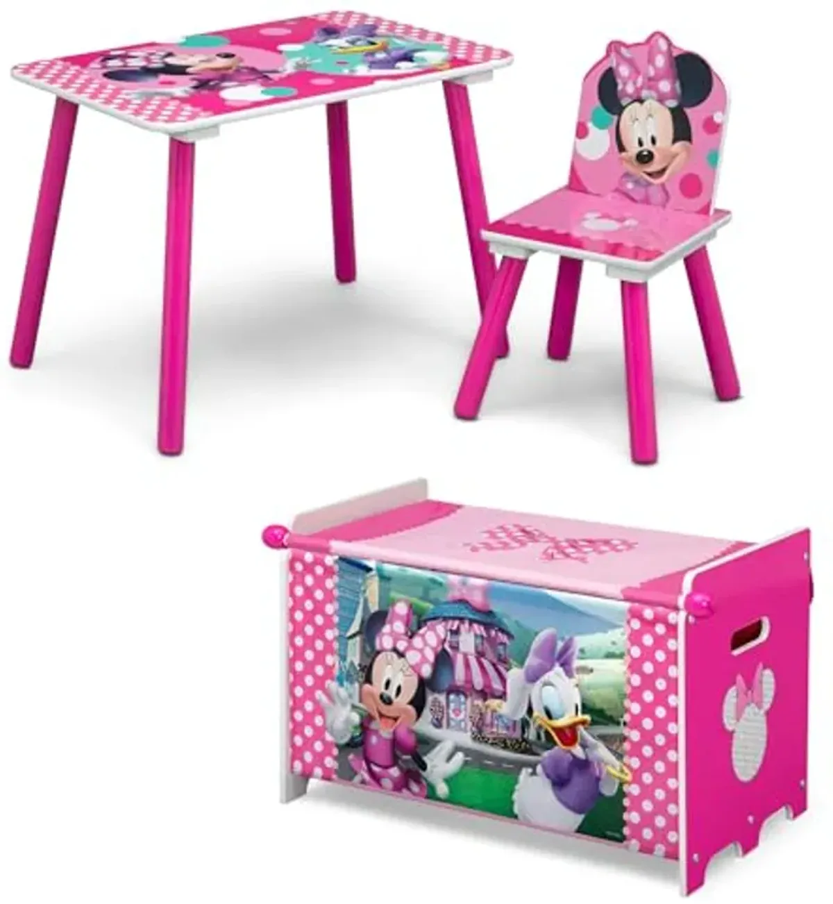 Delta Children - Disney Minnie Mouse 3-Piece Toddler Playroom Set– includes Table, Chair and Toy Box, Pink & Minnie Mouse 3D Toddler Bed, Pink