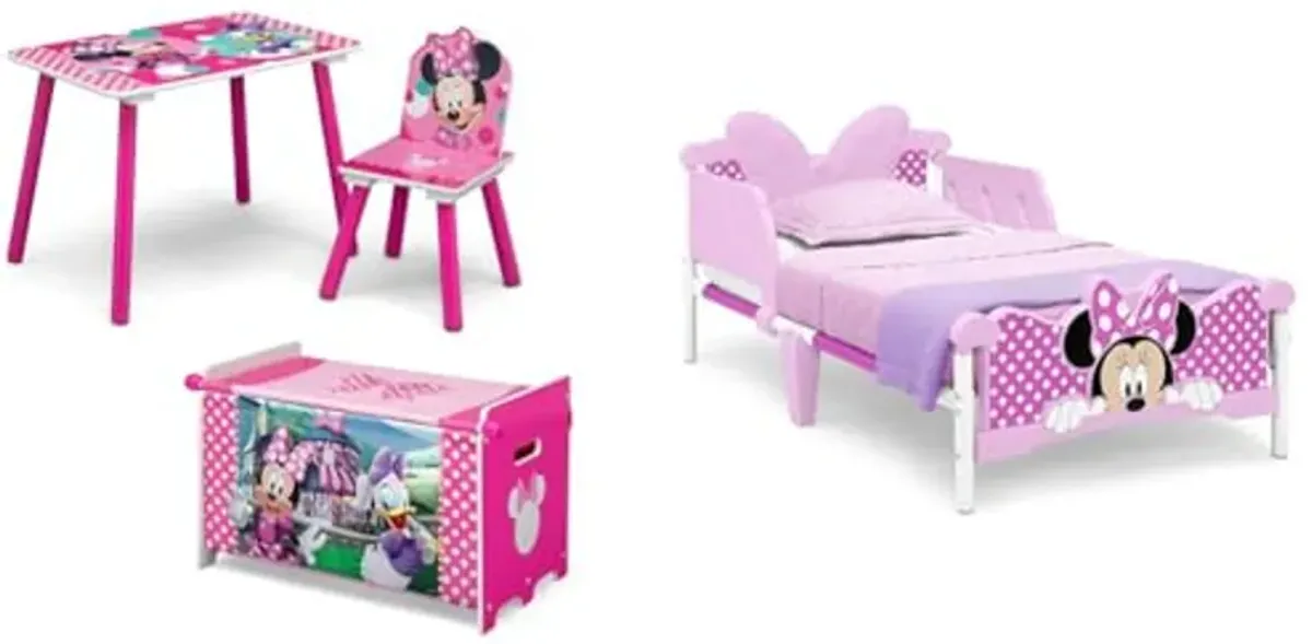 Delta Children - Disney Minnie Mouse 3-Piece Toddler Playroom Set– includes Table, Chair and Toy Box, Pink & Minnie Mouse 3D Toddler Bed, Pink