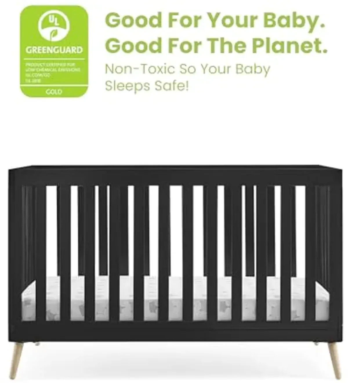 Delta Children Essex Convertible Changing Table with Drawer, Ebony/Natural & Essex 4-in-1 Convertible Baby Crib, Ebony with Natural Legs