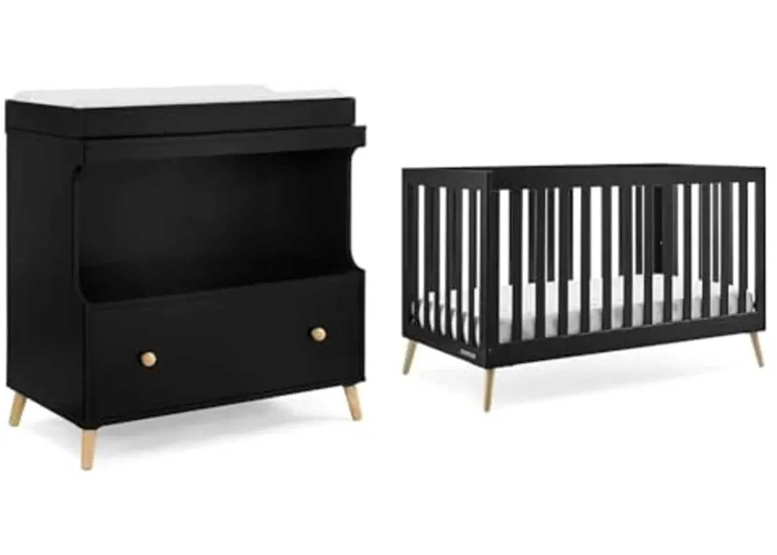 Delta Children Essex Convertible Changing Table with Drawer, Ebony/Natural & Essex 4-in-1 Convertible Baby Crib, Ebony with Natural Legs