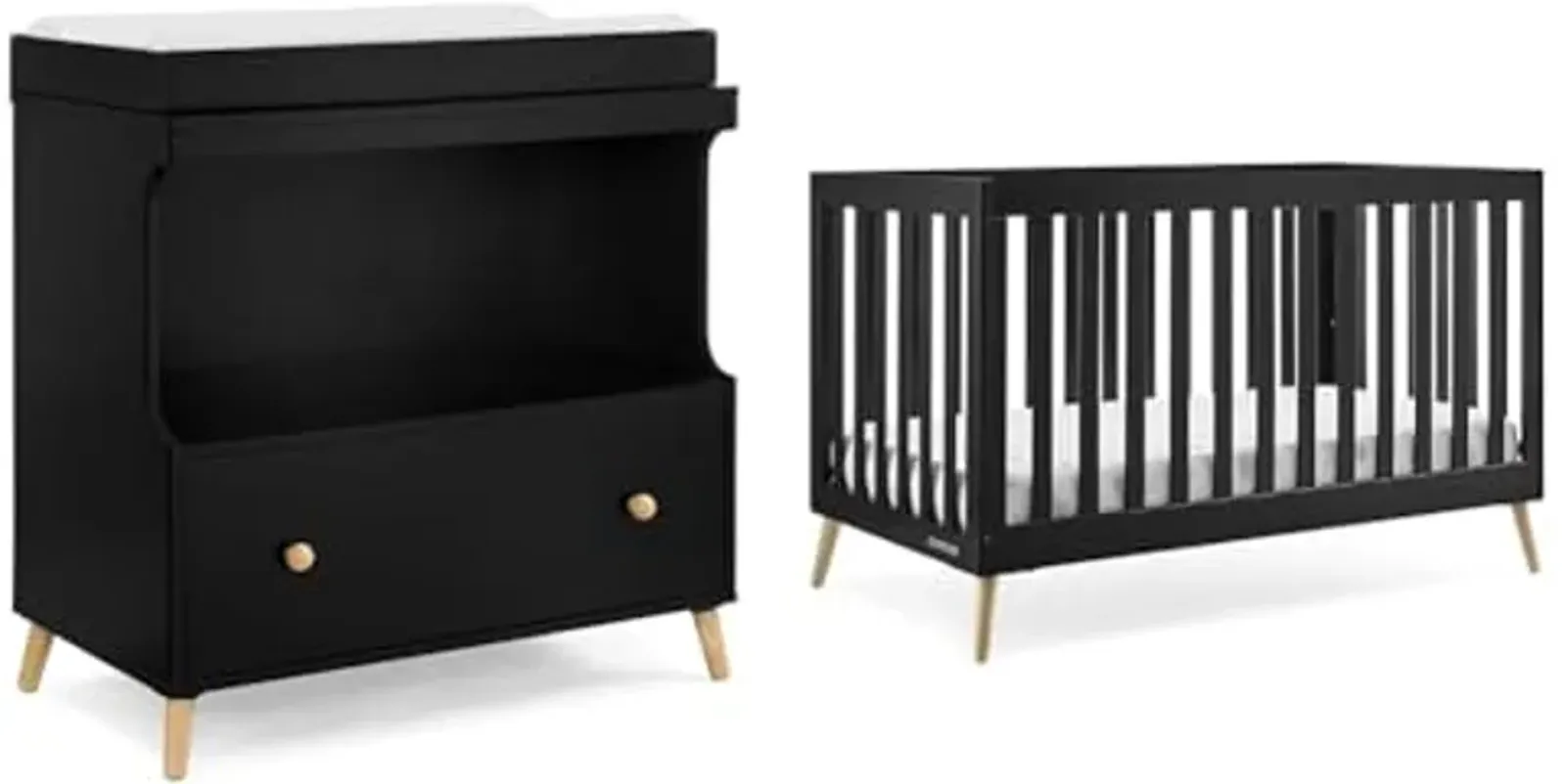 Delta Children Essex Convertible Changing Table with Drawer, Ebony/Natural & Essex 4-in-1 Convertible Baby Crib, Ebony with Natural Legs