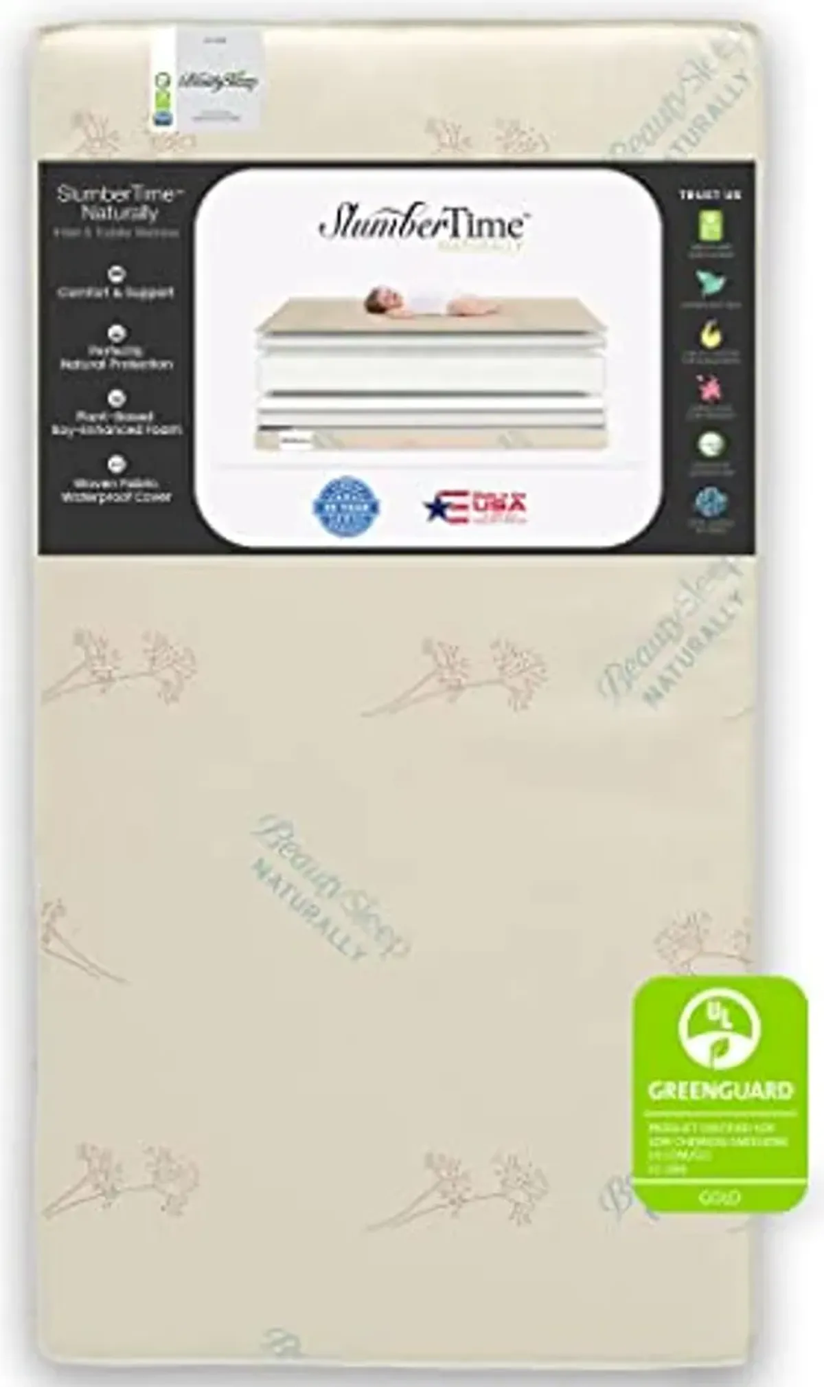 Simmons Kids SlumberTime Naturally 2-Stage Premium Plant-Based Soy Foam Baby Crib Mattress & Beautyrest Kids Fitted Crib Mattress Pad | Waterproof | 52” x 28” | Machine Washable, White