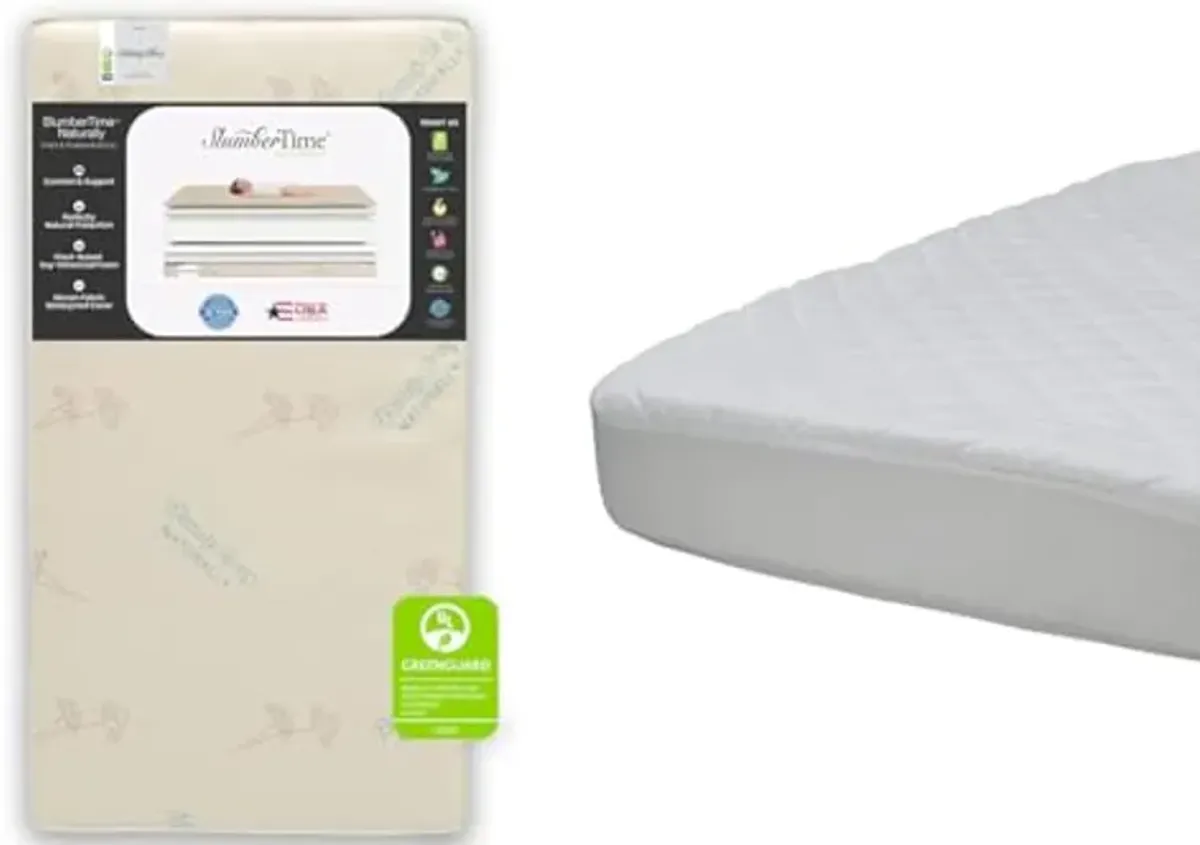 Simmons Kids SlumberTime Naturally 2-Stage Premium Plant-Based Soy Foam Baby Crib Mattress & Beautyrest Kids Fitted Crib Mattress Pad | Waterproof | 52” x 28” | Machine Washable, White