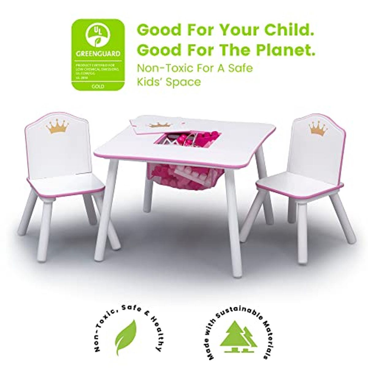 Delta Children Princess Crown Kids Wood Table and Chair Set with Storage & Princess Crown Design & Store 6 Bin Toy Storage Organizer - Greenguard Gold Certified, White/Pink