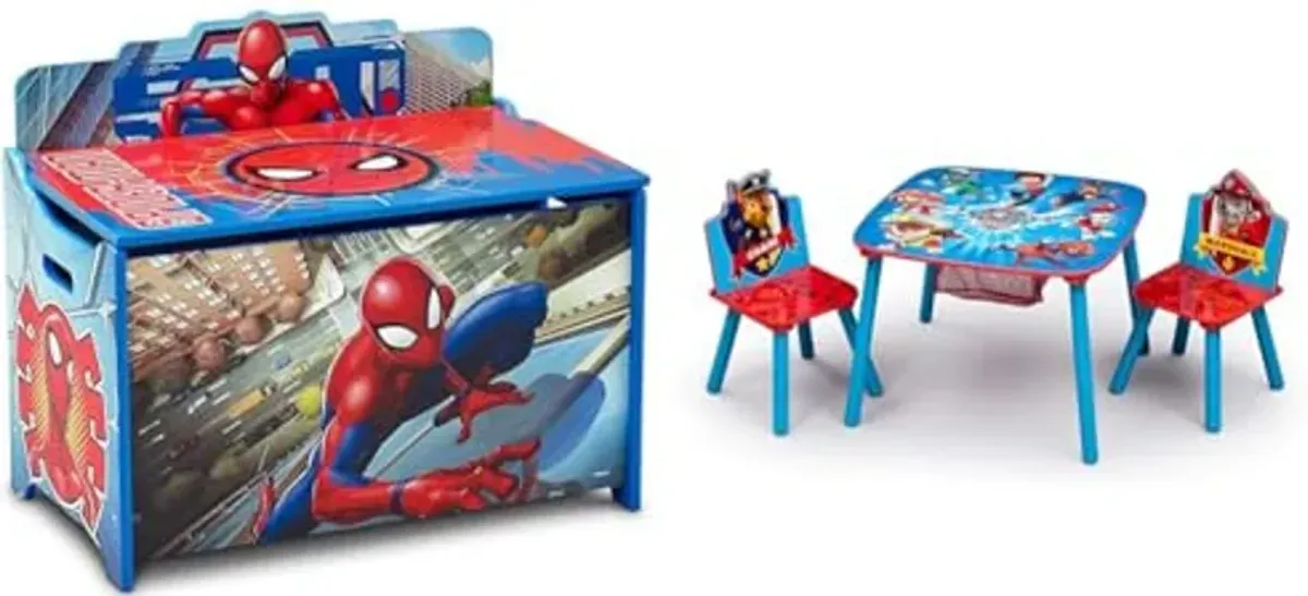 Delta Children Deluxe Toy Box, Spider-Man & Kids Table and Chair Set With Storage (2 Chairs Included) - Ideal for Arts & Crafts, Snack Time, Homeschooling, Homework & More, Nick Jr. PAW Patrol