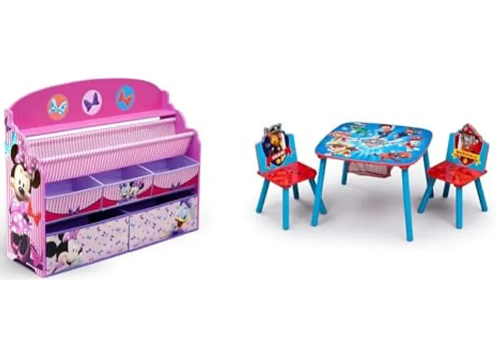 Delta Children Deluxe Book & Toy Organizer - Greenguard Gold Certified, Disney Minnie Mouse & Kids Table and Chair Set with Storage (2 Chairs Included) - Ideal for Arts & Crafts