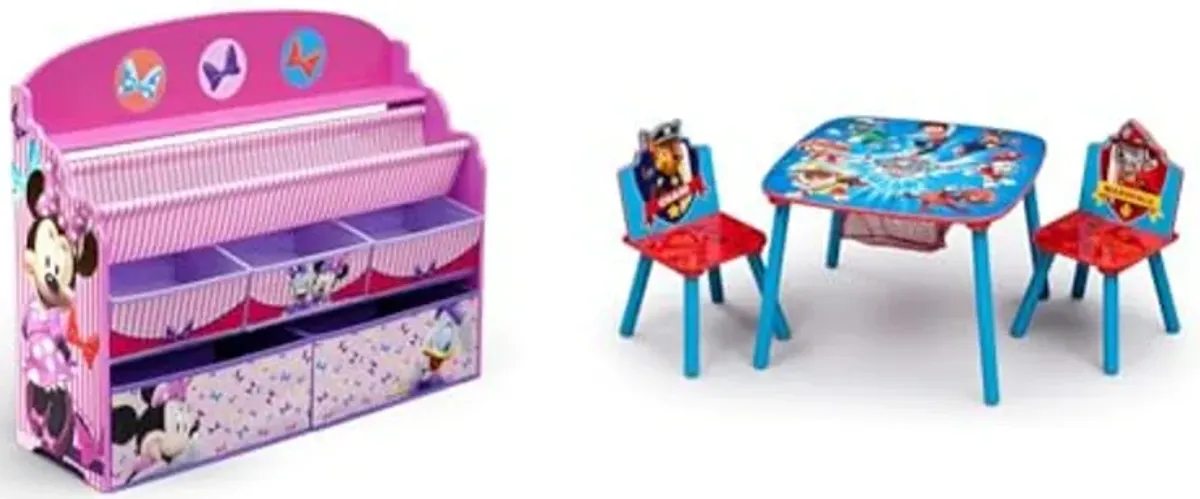 Delta Children Deluxe Book & Toy Organizer - Greenguard Gold Certified, Disney Minnie Mouse & Kids Table and Chair Set with Storage (2 Chairs Included) - Ideal for Arts & Crafts