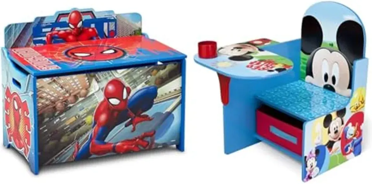 Delta Children Deluxe Toy Box, Spider-Man & Chair Desk With Storage Bin, Disney Mickey Mouse