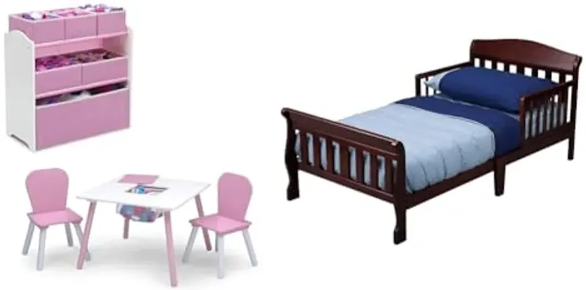 Delta Children 4-Piece Toddler Playroom Set, Pink/White & Canton Toddler Bed, Cherry