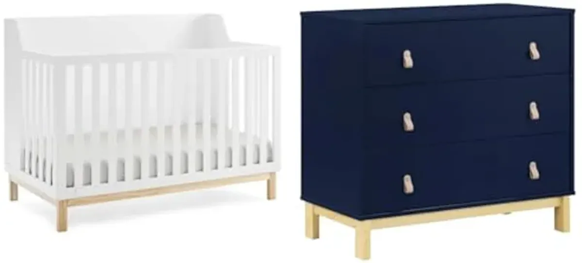 Delta Children Gap babyGap Oxford 6-in-1 Convertible Crib - Greenguard Gold Certified, Bianca White/Natural & Gap babyGap Legacy 3 Drawer Dresser with Leather Pulls, Navy/Natural