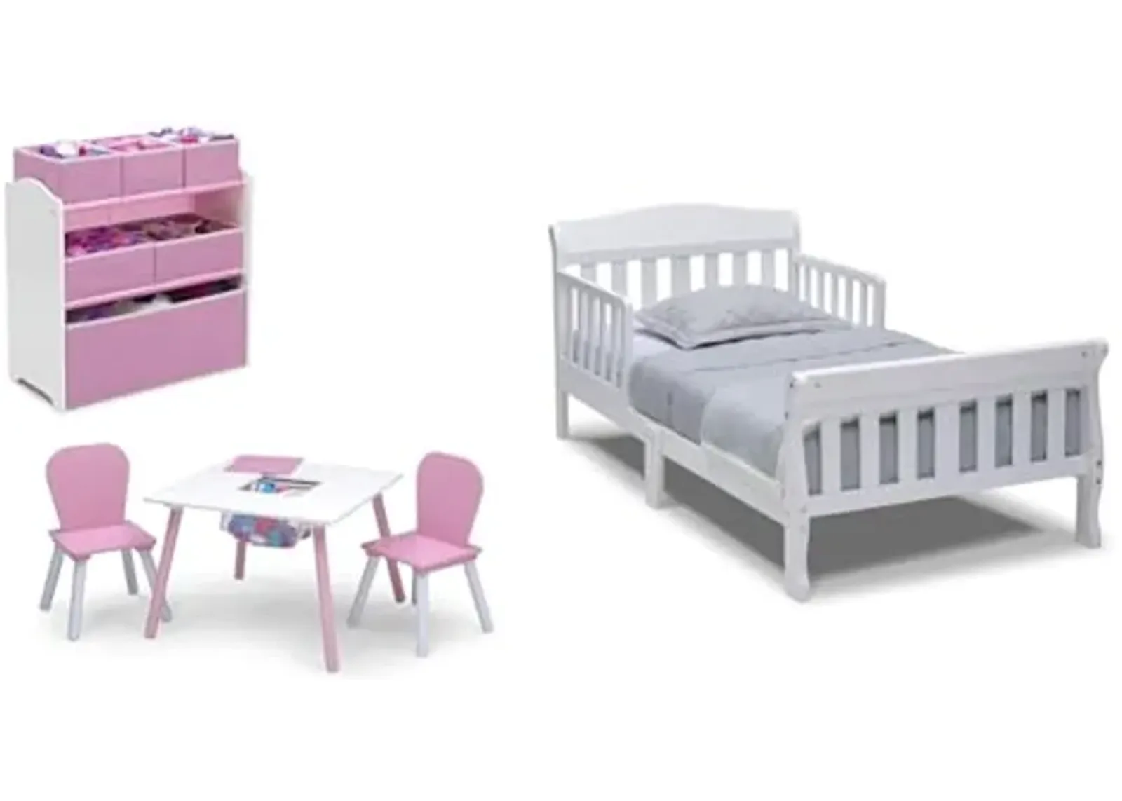 Delta Children 4-Piece Toddler Playroom Set, Pink/White & Canton Toddler Bed, White