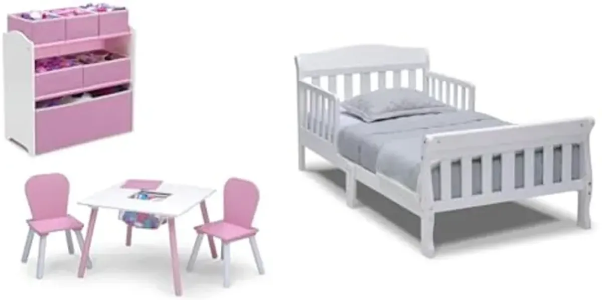 Delta Children 4-Piece Toddler Playroom Set, Pink/White & Canton Toddler Bed, White