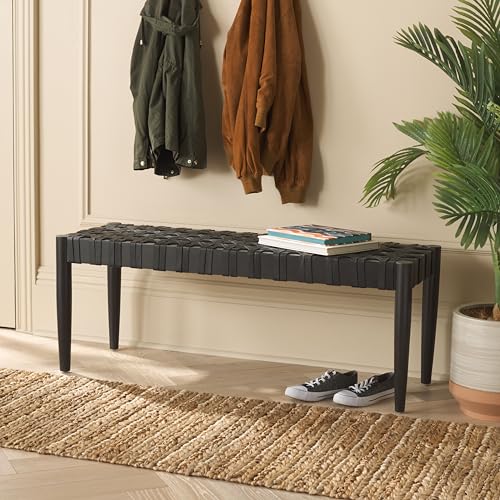 SAFAVIEH Walda Leather Woven BCH4000 Bench, 47" W x 16" D x 16" H, Black