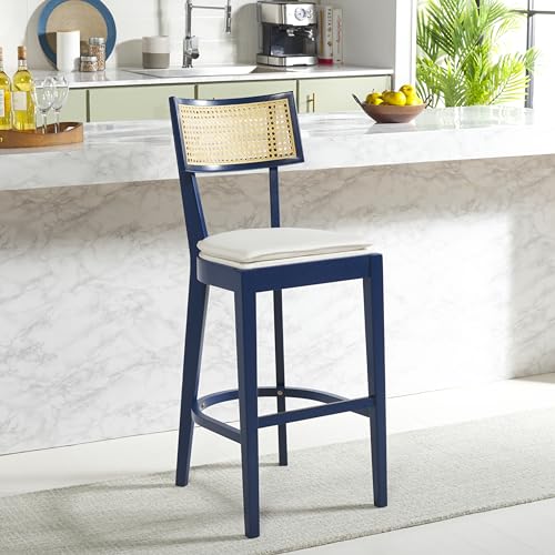 SAFAVIEH Home Collection Galway Navy/Natural 31-inch Seat Height Bar Stool for Kitchen Island Breakfast Nook