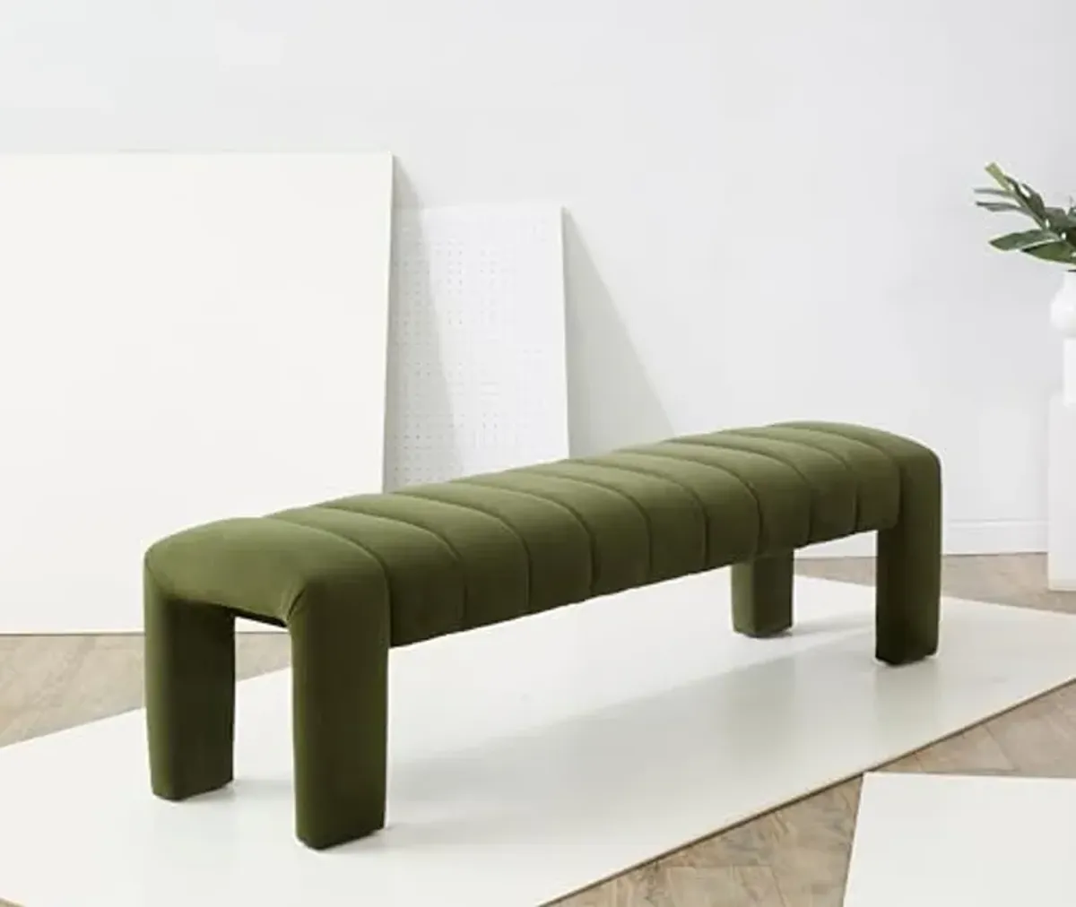 SAFAVIEH Couture Collection Bellisima Forest Green Velvet Channel Tufted Bench (Fully Assembled)