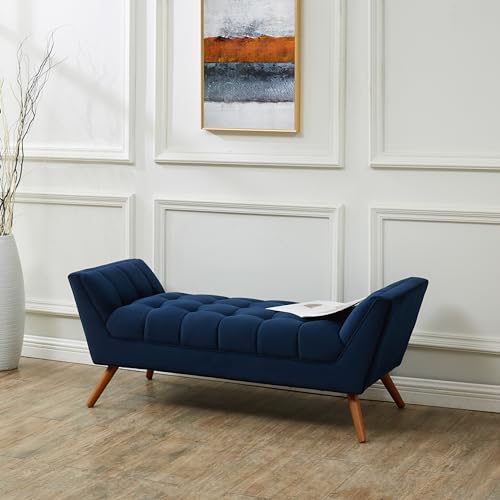 SAFAVIEH Damian Tufted SFV4755 Bench, 21" W x 21" D x 27" H, Navy/Dark Brown