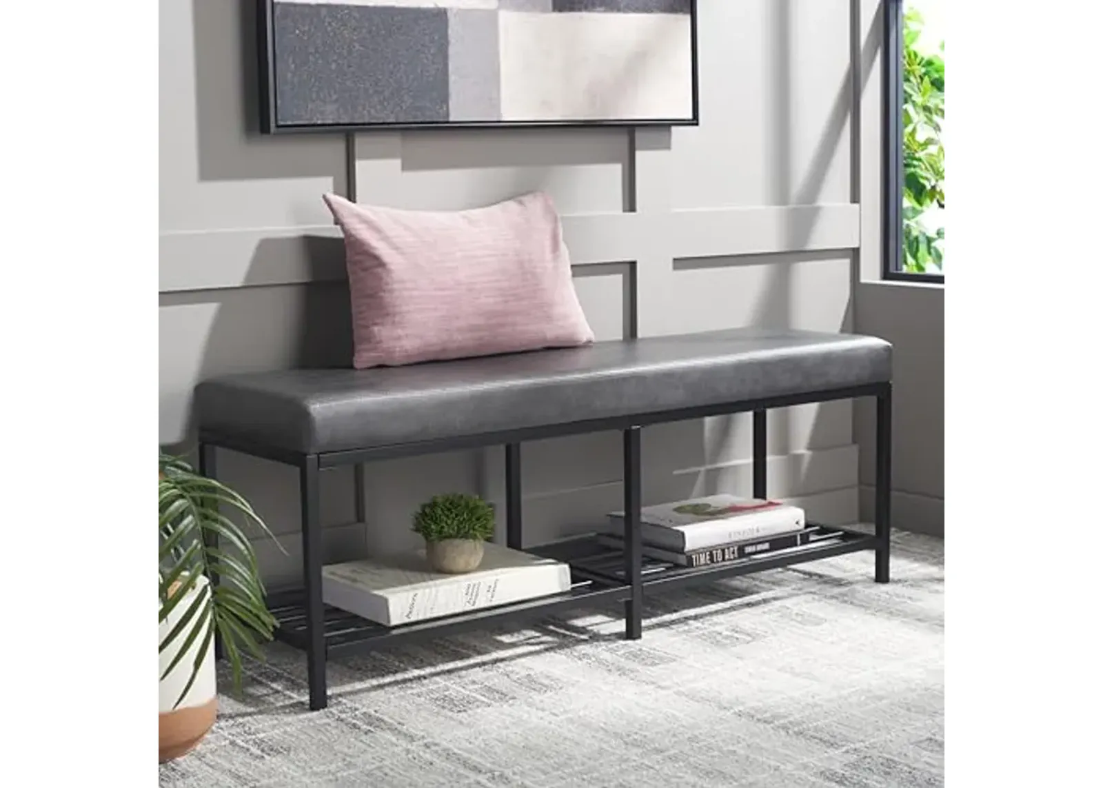 SAFAVIEH Home Collection Yomi Grey/Black 2-Slatted Rail Shelf Storage Bench for Foyer, Bedroom, Dining Room