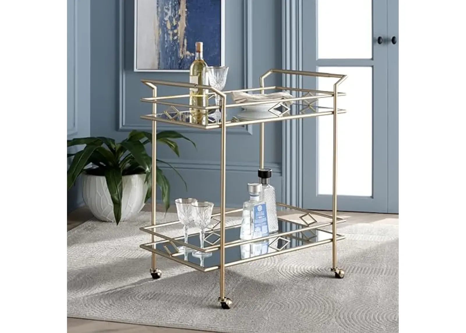 SAFAVIEH Home Collection Elspeth Gold/Mirror 2-Tier Bar Serving Cart for Entertaining, Living Room, Kitchen