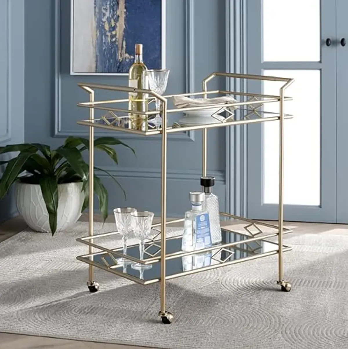 SAFAVIEH Home Collection Elspeth Gold/Mirror 2-Tier Bar Serving Cart for Entertaining, Living Room, Kitchen