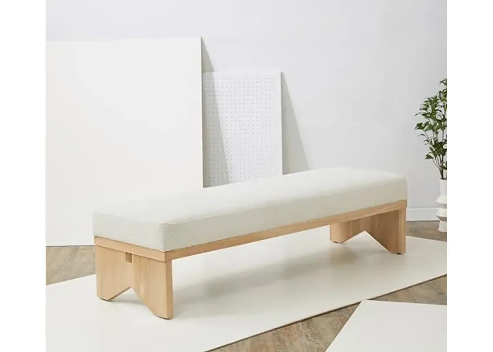 SAFAVIEH Couture Collection Sharyn Mid-Century Modern Ivory Boucle/Natural Bench