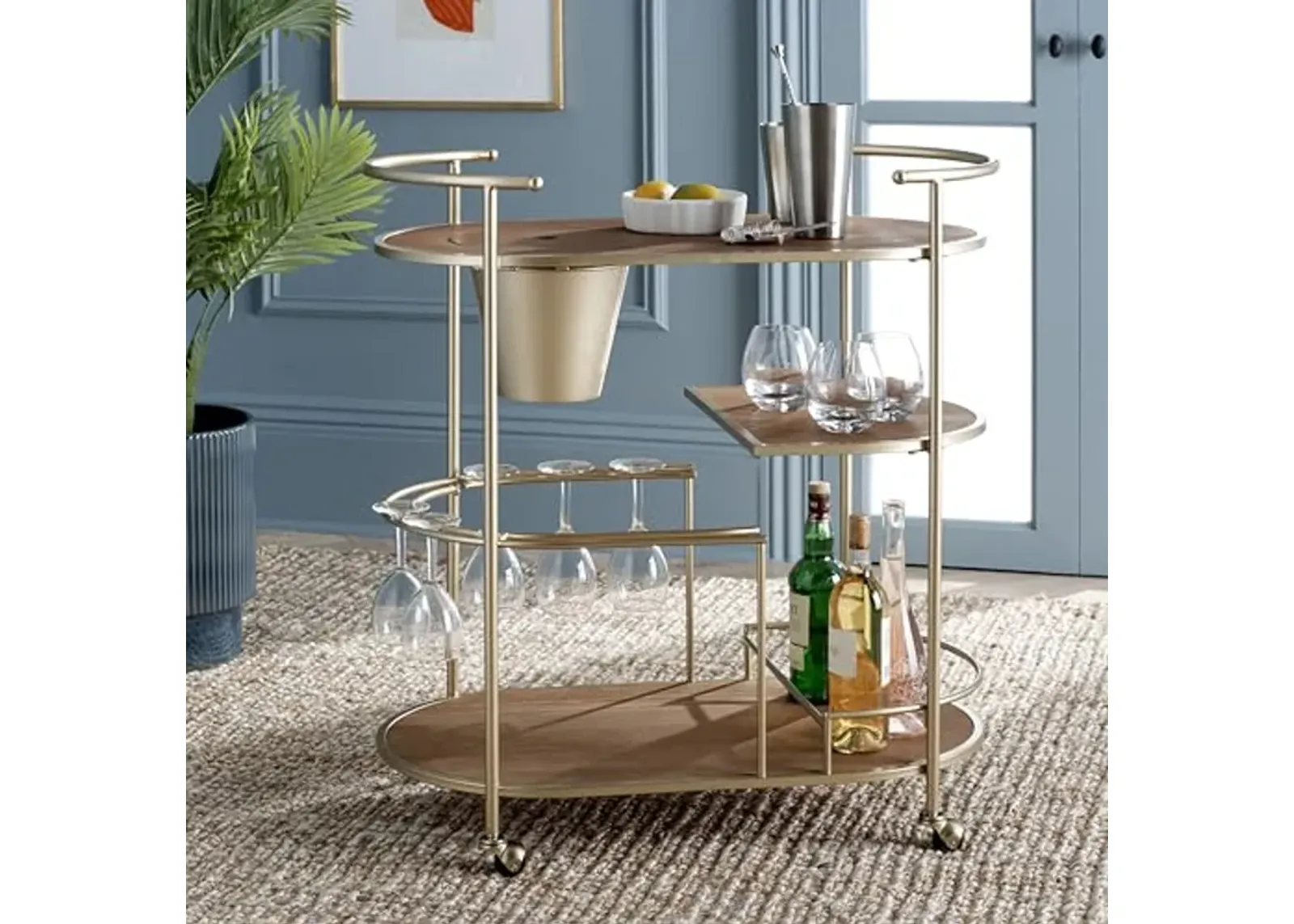 SAFAVIEH Home Collection Alora Brushed Gold/Natural 2-Tier Bar Serving Cart with Bucket for Entertaining, Living Room, Kitchen