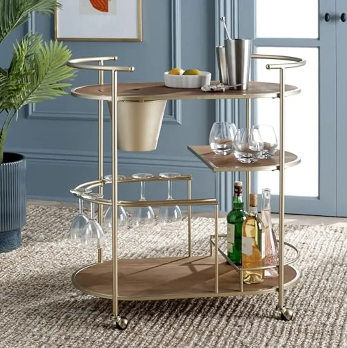 SAFAVIEH Home Collection Alora Brushed Gold/Natural 2-Tier Bar Serving Cart with Bucket for Entertaining, Living Room, Kitchen