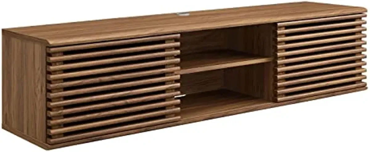 Modway Render 60" Mid-Century Modern Wall Mount Media Console TV Stand, 60 Inch, Walnut & Render Mid-Century Modern End Table or Nightstand in Walnut