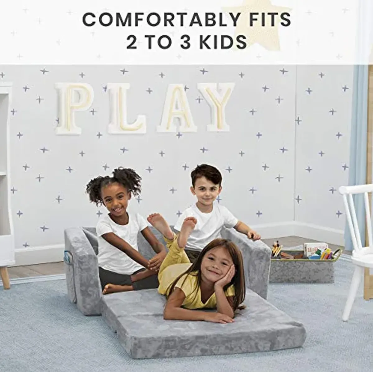 Delta Children 4-Piece Toddler Playroom Set, Grey/White & Serta Perfect Extra Wide Convertible Sofa to Lounger, Comfy 2-in-1 Flip Open Couch/Sleeper for Kids, Grey