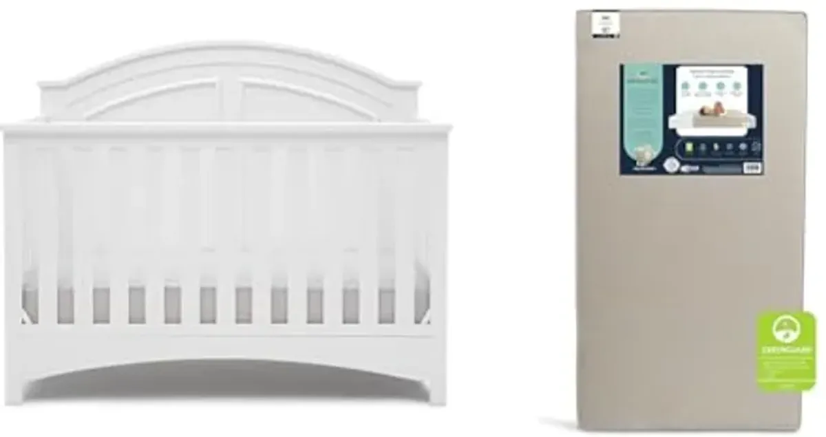 Delta Children Perry 6-in-1 Convertible Crib - Greenguard Gold Certified, Bianca White & Serta Perfect Start Limited Dual Sided Baby Crib Mattress and Toddler Mattress