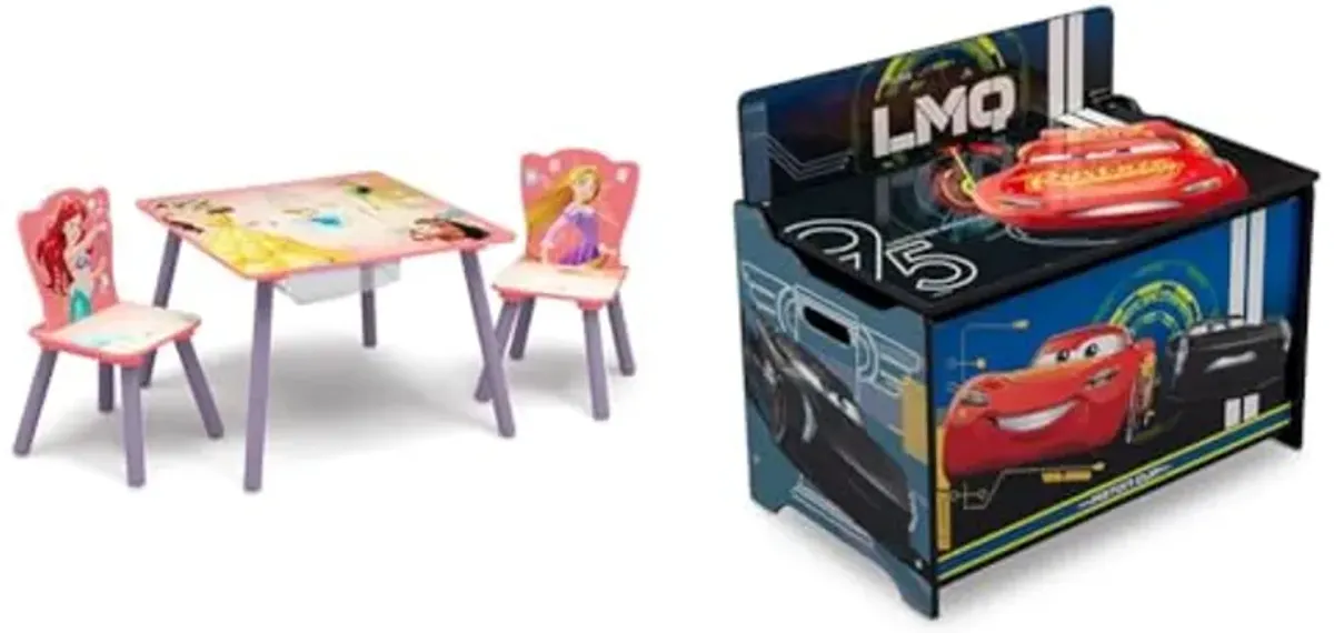 Delta Children Kids Table and Chair Set with Storage (2 Chairs Included) - Ideal for Arts & Crafts, Snack Time, Homeschooling, Homework & More, Disney Princess & Deluxe Toy Box, Disney/Pixar Cars