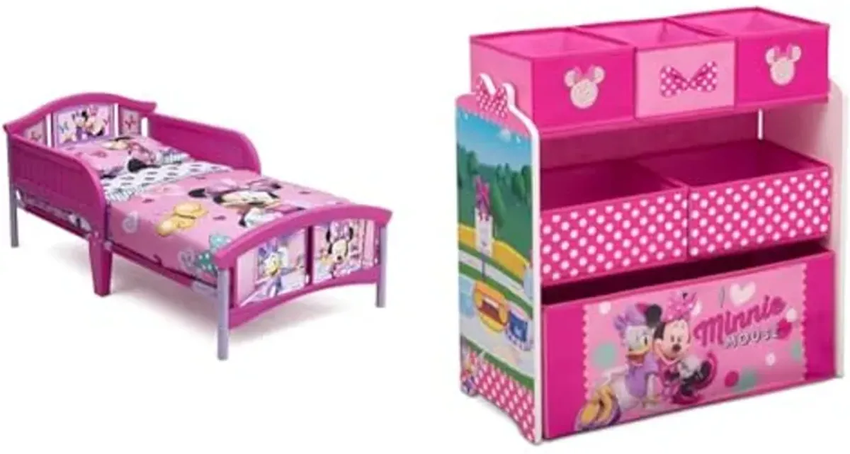 Delta Children Plastic Toddler Bed, Disney Minnie Mouse & Disney Minnie Mouse 6 Bin Design and Store Toy Organizer