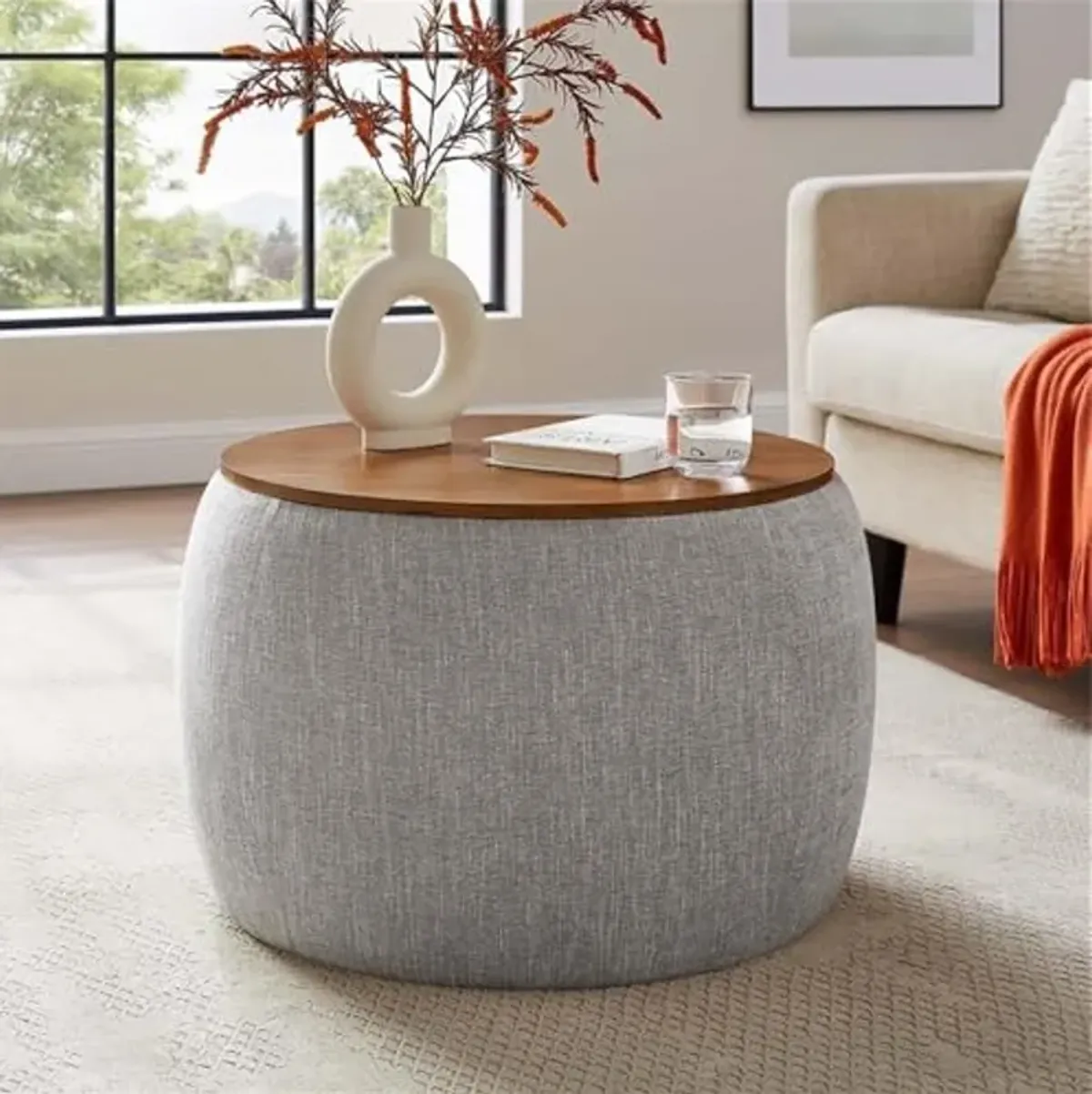 Modway Perla 26 Inch Round Storage Ottoman with Tray Lid in Heathered Weave Wheat -Heathered Fabric Ottoman - Versatile Footrest - Woven Coffee Table - Side Table - for Living Room