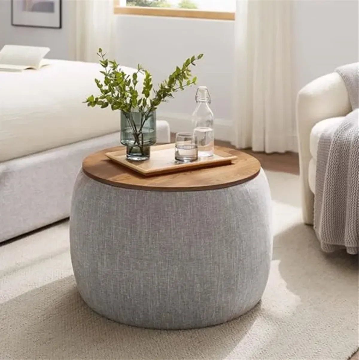 Modway Perla 26 Inch Round Storage Ottoman with Tray Lid in Heathered Weave Wheat -Heathered Fabric Ottoman - Versatile Footrest - Woven Coffee Table - Side Table - for Living Room