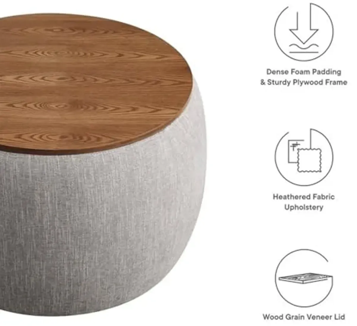 Modway Perla 26 Inch Round Storage Ottoman with Tray Lid in Heathered Weave Wheat -Heathered Fabric Ottoman - Versatile Footrest - Woven Coffee Table - Side Table - for Living Room