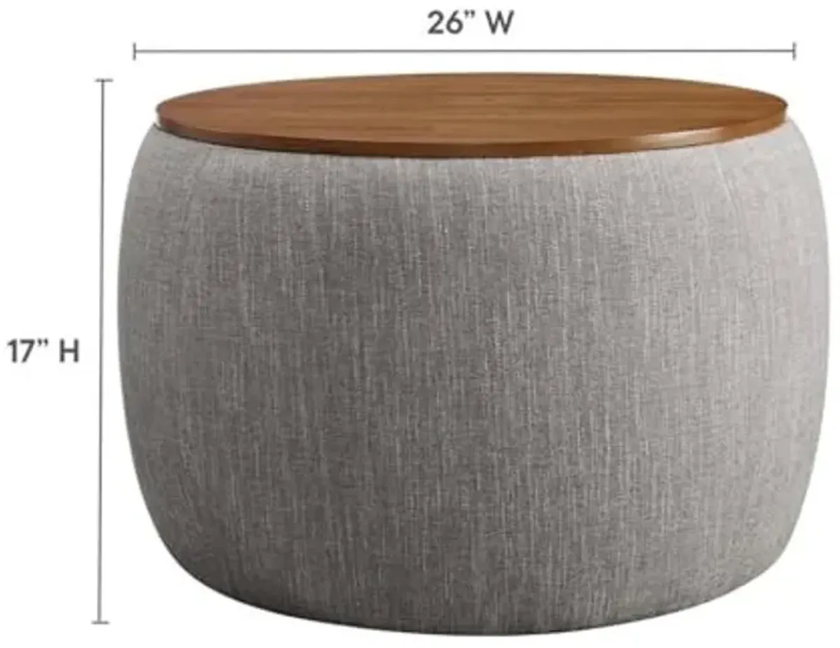 Modway Perla 26 Inch Round Storage Ottoman with Tray Lid in Heathered Weave Wheat -Heathered Fabric Ottoman - Versatile Footrest - Woven Coffee Table - Side Table - for Living Room