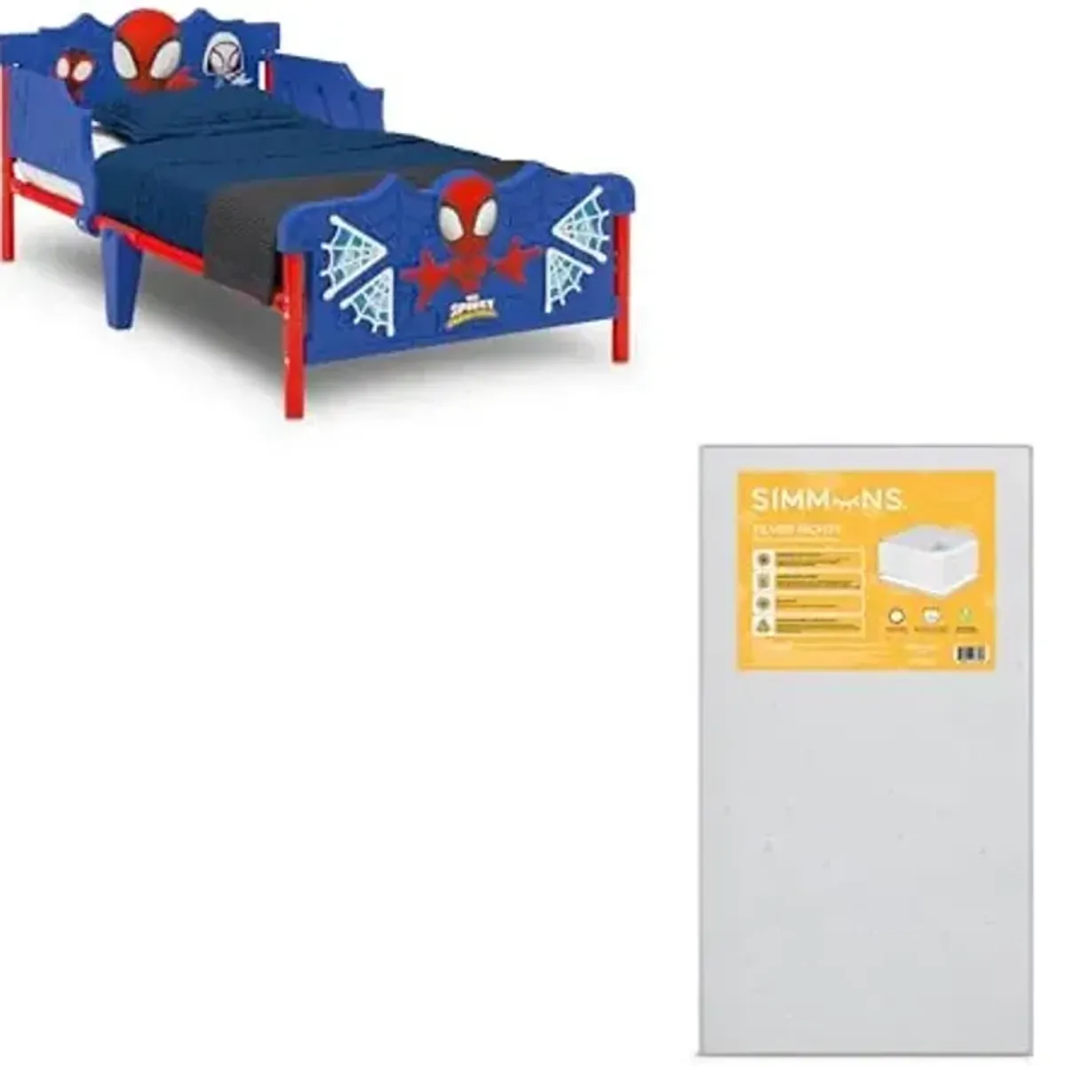 Delta Children - Spidey and His Amazing Friends 3D Toddler Bed, Blue + Simmons Kids Silver Nights Dual Sided 2-Stage Baby Crib Mattress (Bundle)