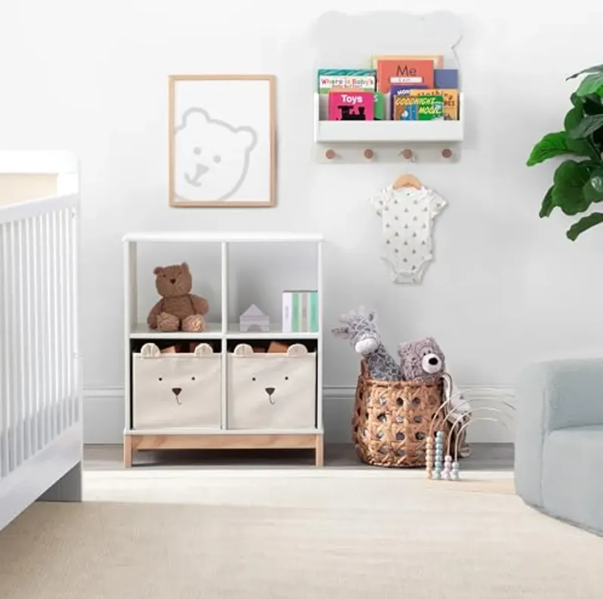 Delta Children babyGap Tate 4-in-1 Convertible Crib + Brannan Bear Bookcase with Bins + Brannan Bear Wall Shelf with 4 Hooks, Bianca White/Natural (Bundle)