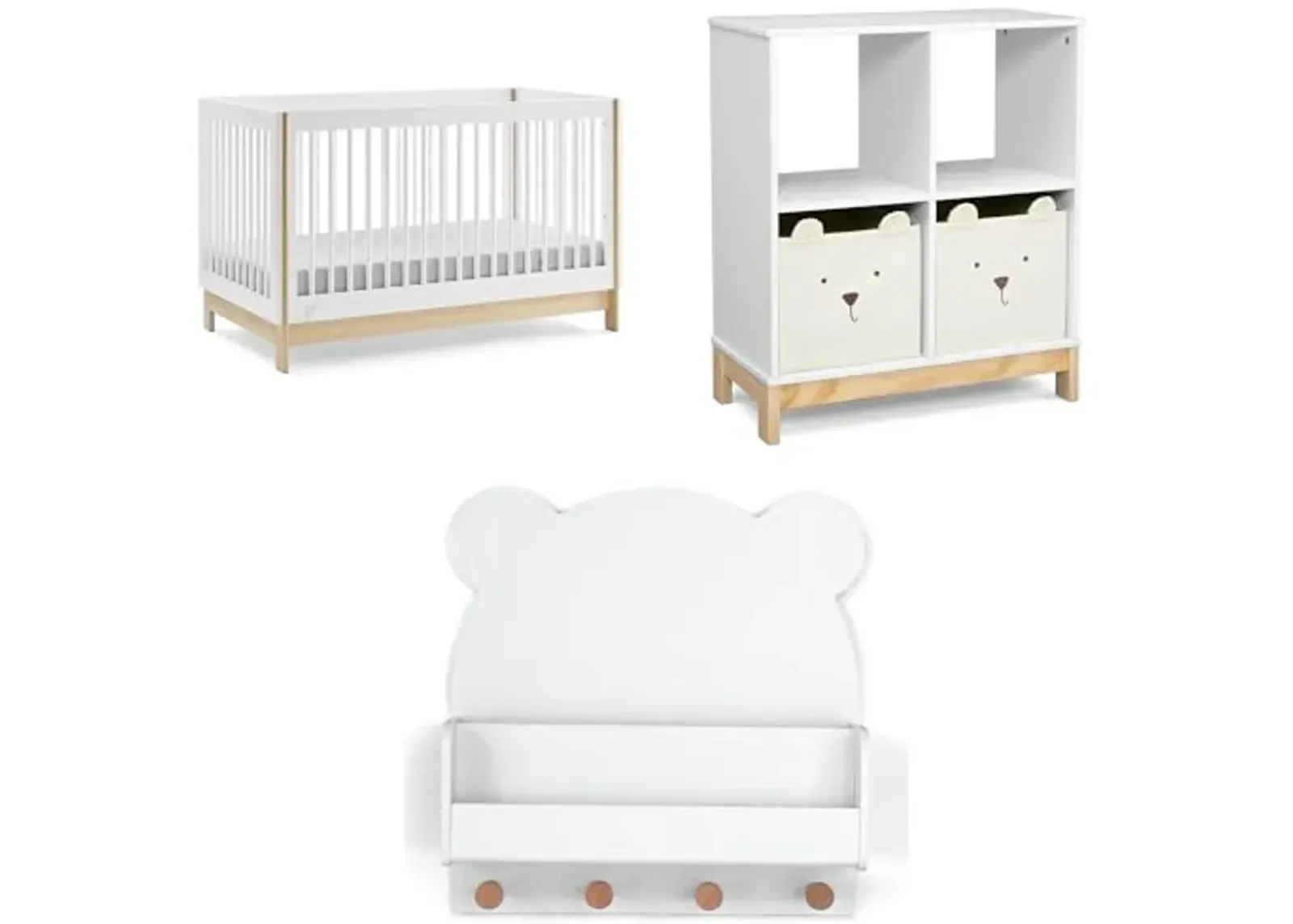 Delta Children babyGap Tate 4-in-1 Convertible Crib + Brannan Bear Bookcase with Bins + Brannan Bear Wall Shelf with 4 Hooks, Bianca White/Natural (Bundle)