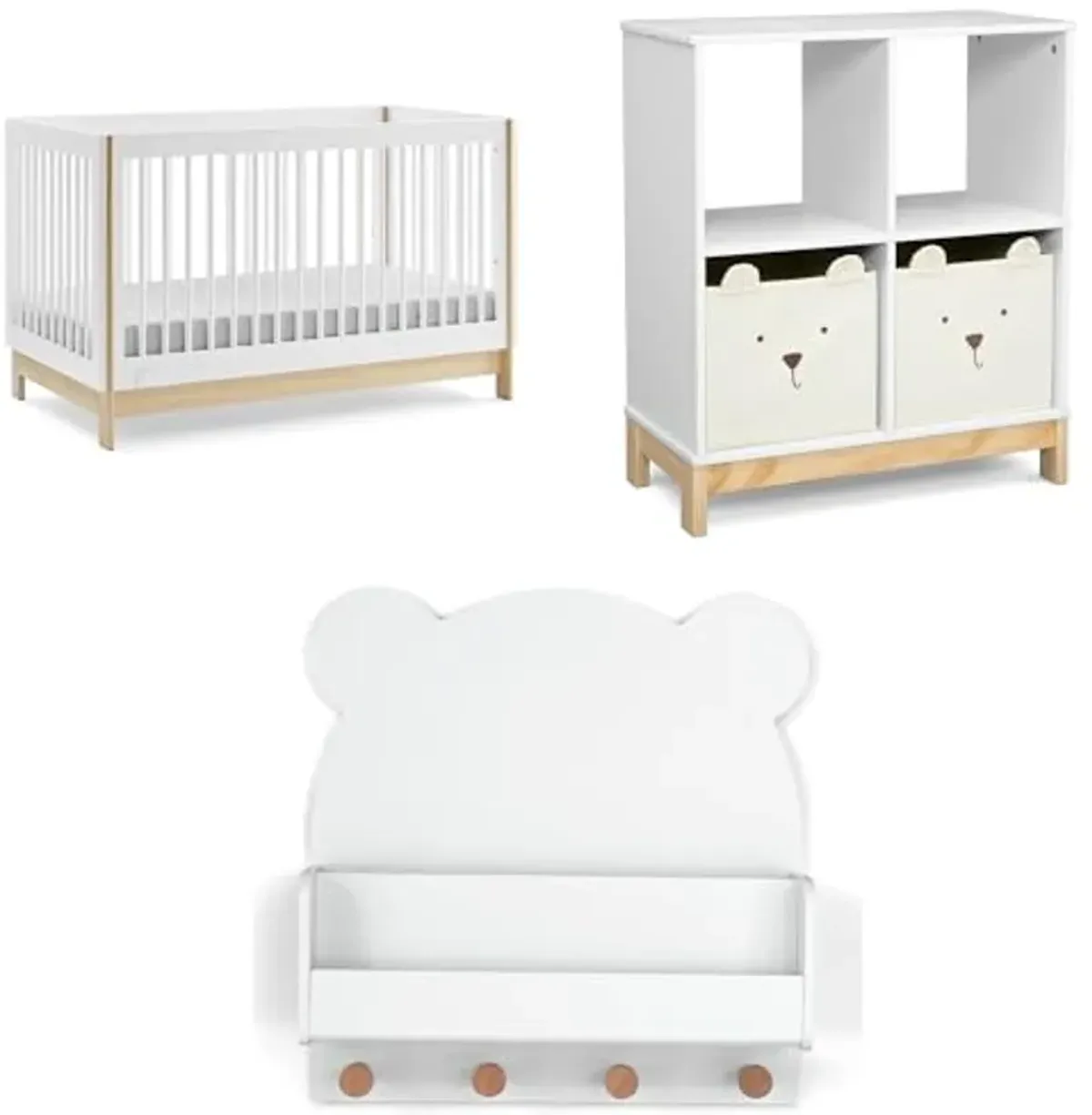 Delta Children babyGap Tate 4-in-1 Convertible Crib + Brannan Bear Bookcase with Bins + Brannan Bear Wall Shelf with 4 Hooks, Bianca White/Natural (Bundle)