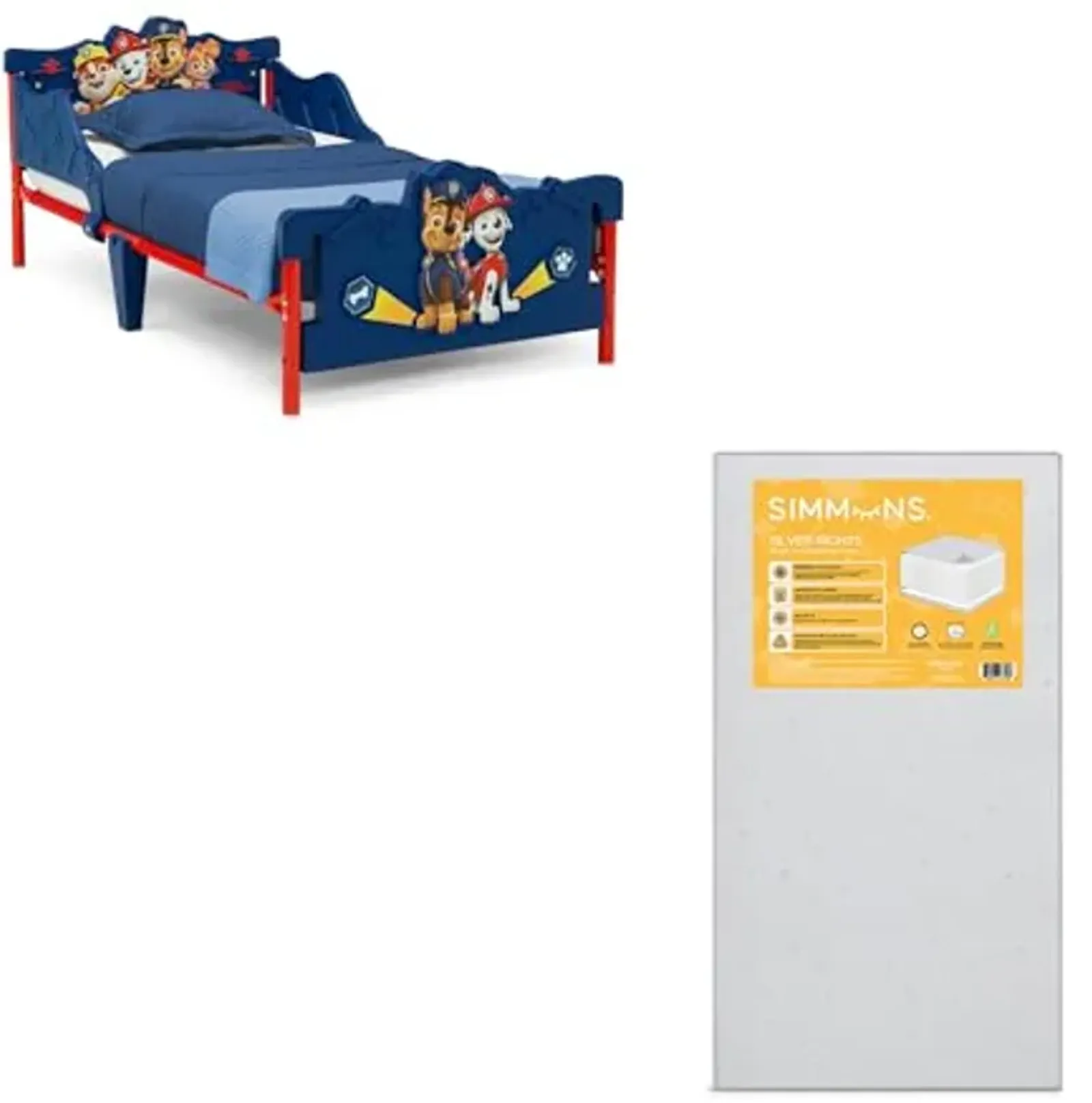 Delta Children - PAW Patrol 3D Toddler Bed, Blue + Simmons Kids Silver Nights Dual Sided 2-Stage Baby Crib Mattress (Bundle)