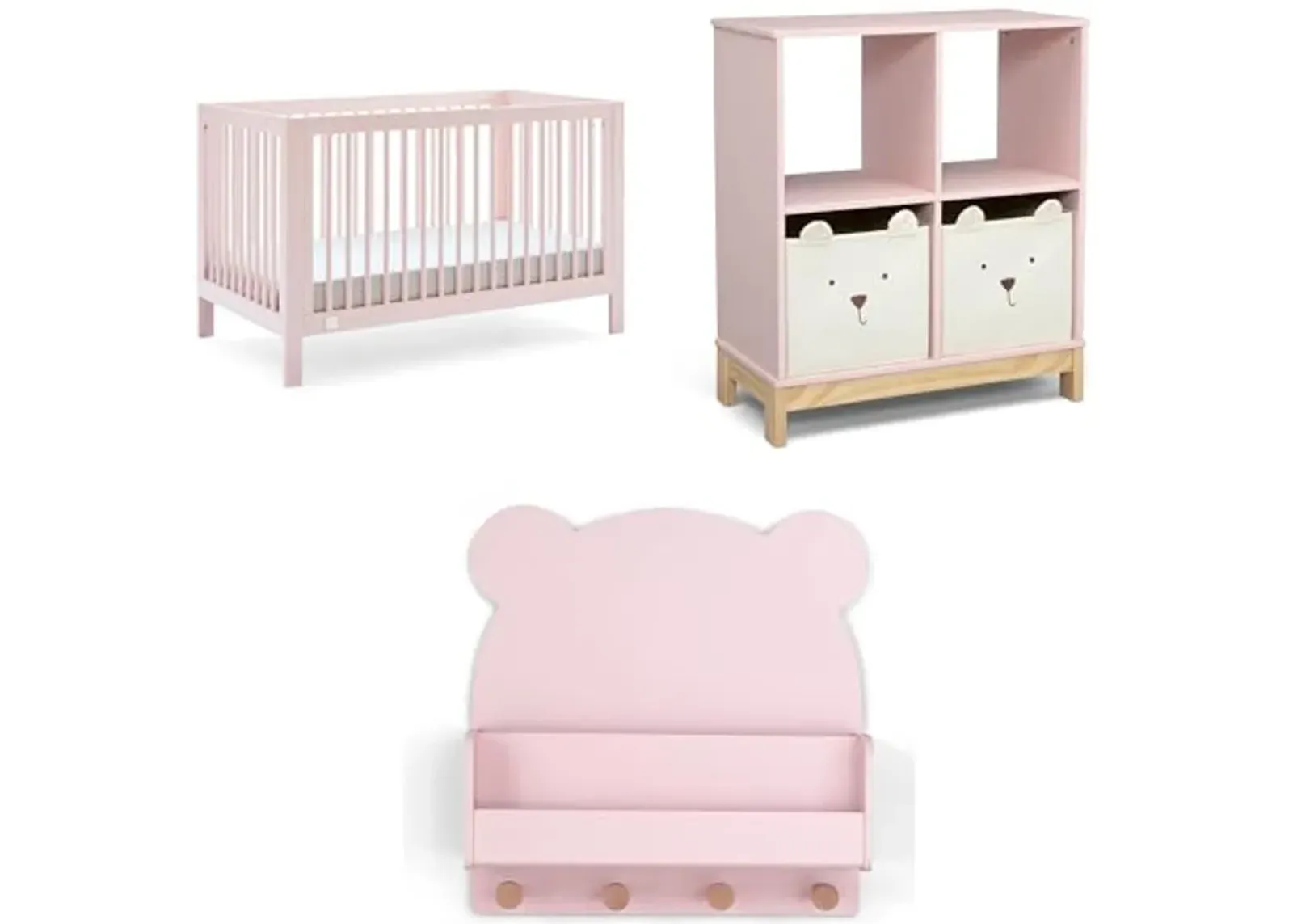 Delta Children babyGap Charlie 6-in-1 Convertible Crib + Brannan Bear Bookcase with Bins + Brannan Bear Wall Shelf with 4 Hooks, Blush Pink (Bundle)