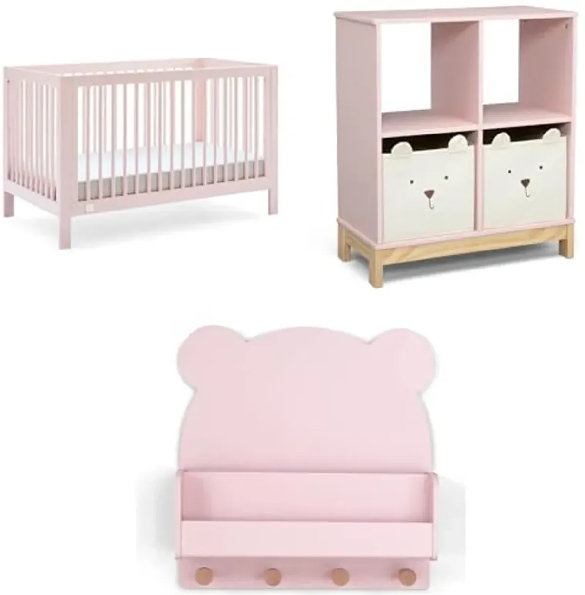 Delta Children babyGap Charlie 6-in-1 Convertible Crib + Brannan Bear Bookcase with Bins + Brannan Bear Wall Shelf with 4 Hooks, Blush Pink (Bundle)